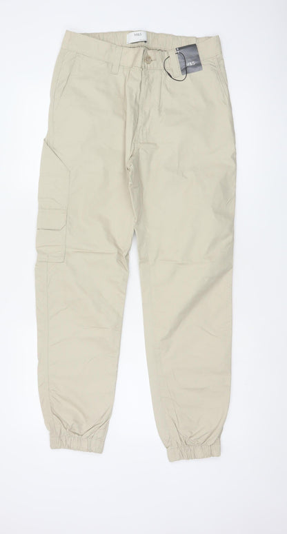 Marks and Spencer Men's Beige S Cargo Jogger Trousers Elastic Waist