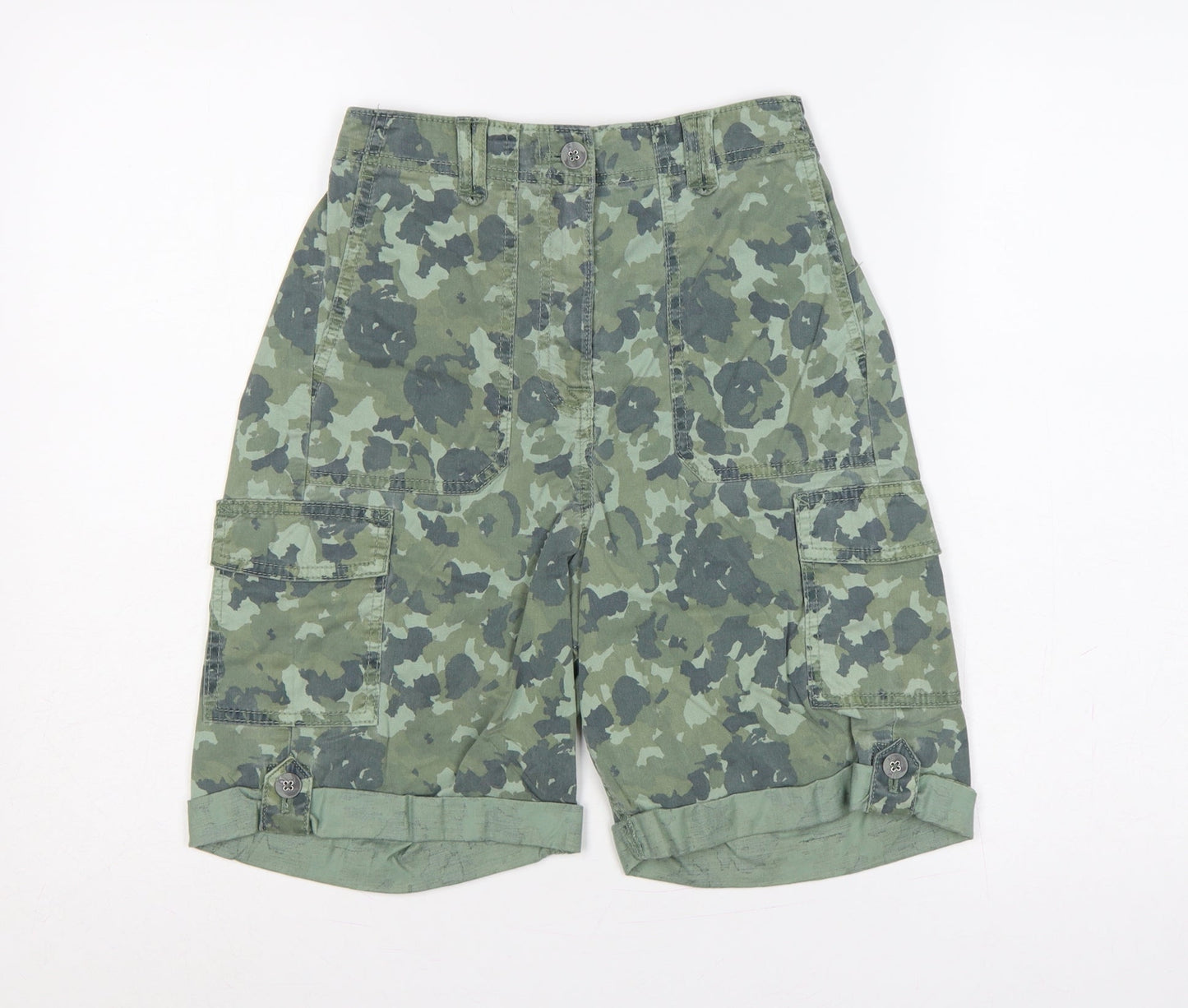 M&S Womens Green Camo Cargo Shorts UK 6 Cuffed Utility Pockets