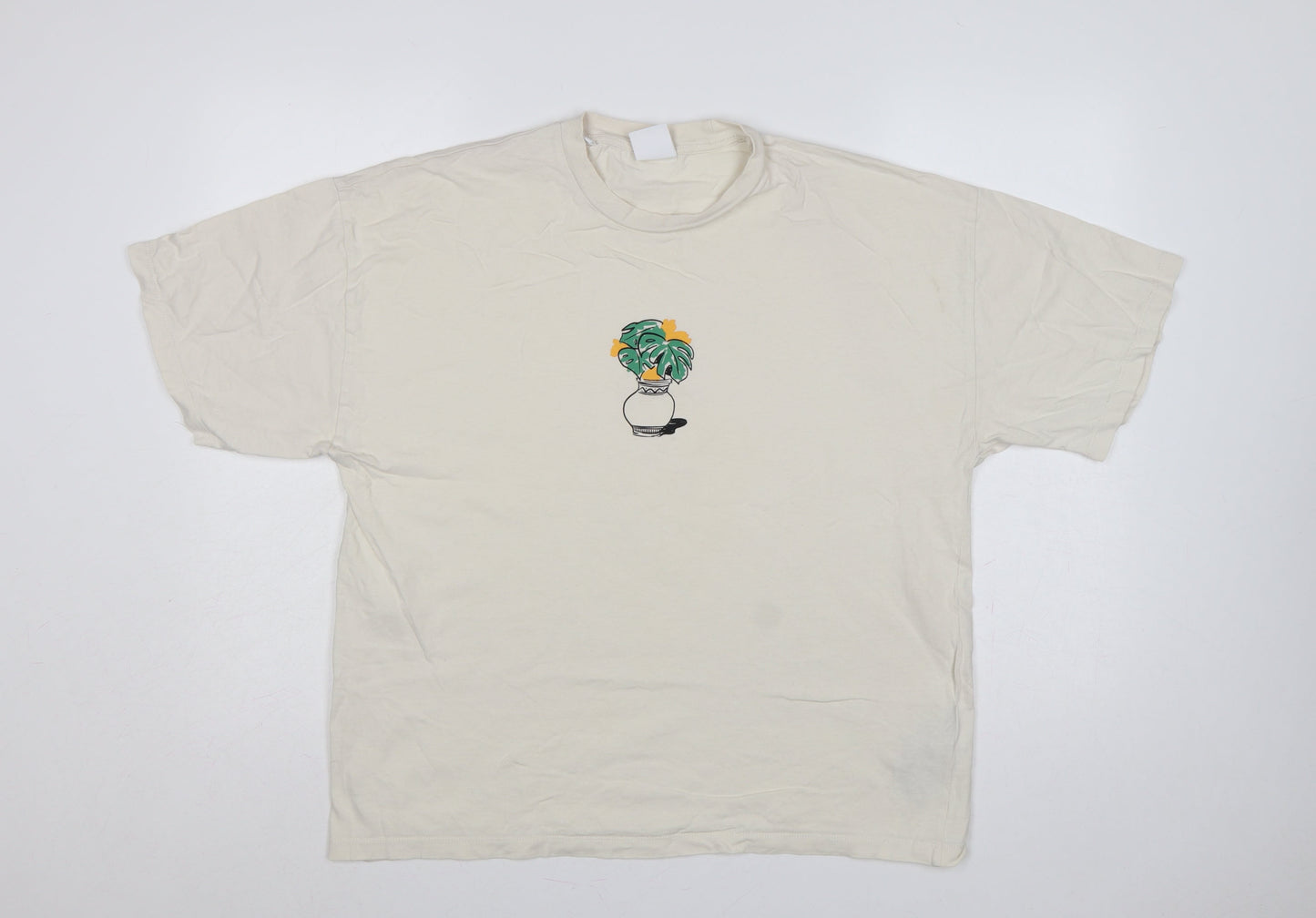 Selected Homme Men's Ivory L Graphic Plant Cotton Crew Neck T-Shirt