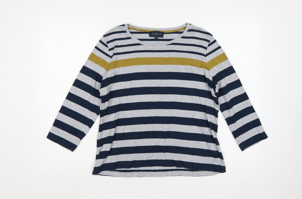 Viyella Women’s Blue Stripe Cotton Jersey Long Sleeve Basic T-Shirt L