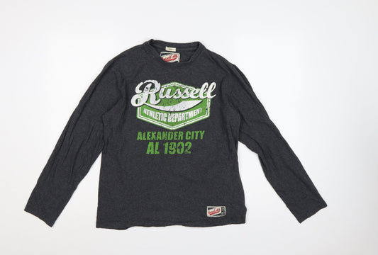 Additional front view of Russell Athletic unisex adults grey s long sleeve graphic t-shirt