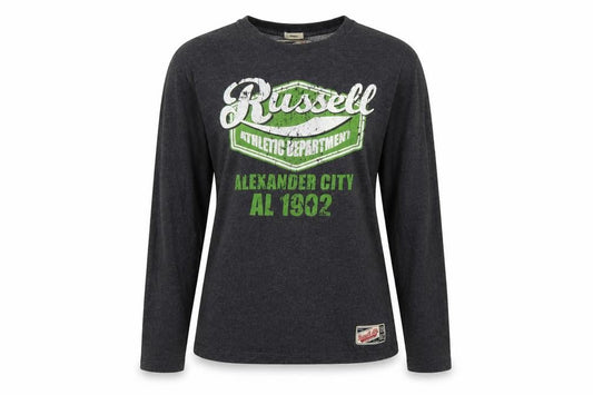 Front view of Russell Athletic unisex adults grey s long sleeve graphic t-shirt