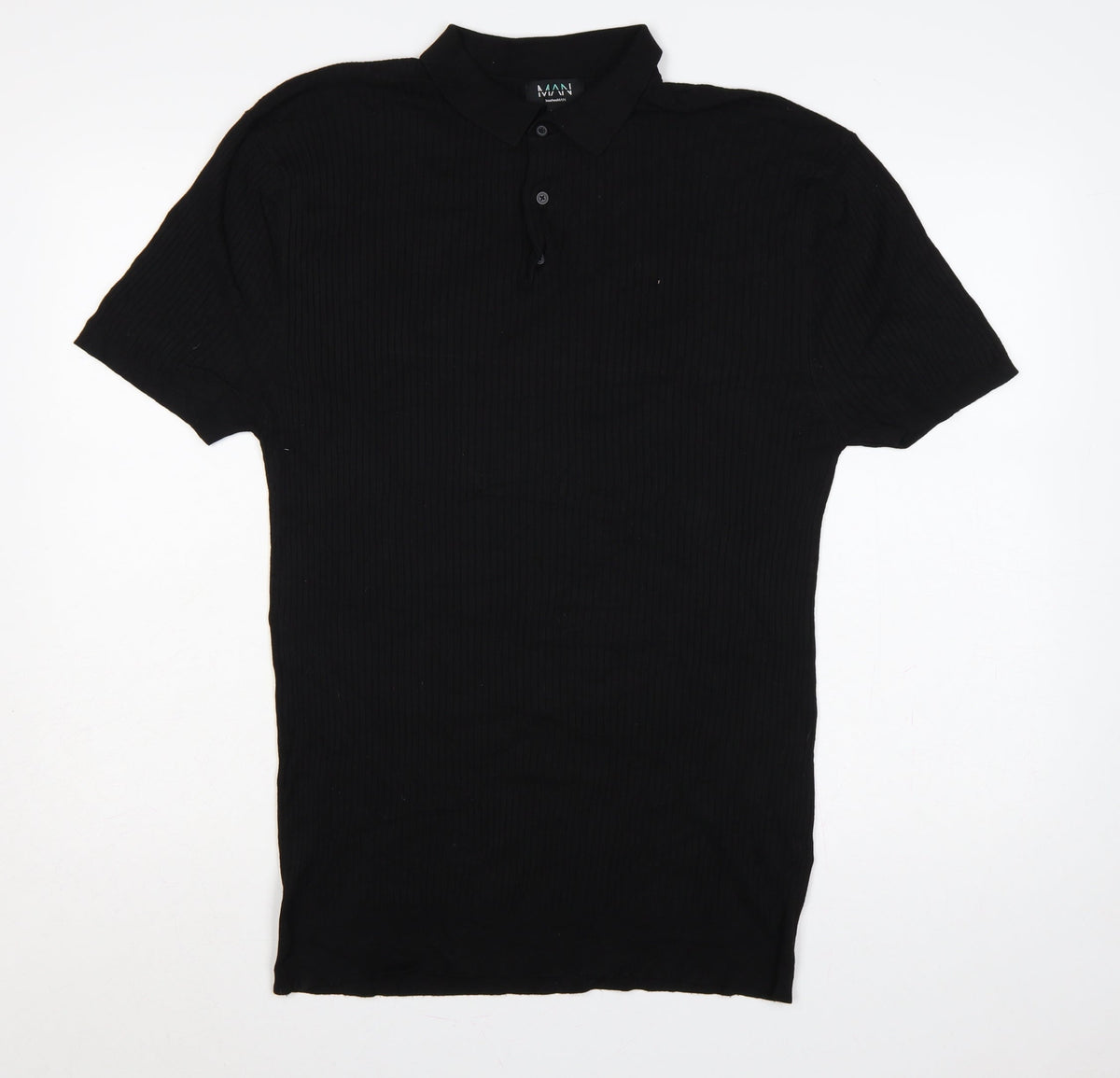 Additional front view of boohooMAN Men’s Black XL Rib Knit Short Sleeve Polo Shirt