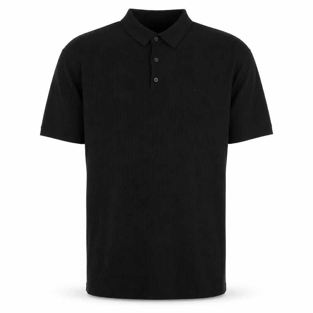 Front view of boohooMAN Men’s Black XL Rib Knit Short Sleeve Polo Shirt