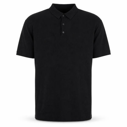 Front view of boohooMAN Men’s Black XL Rib Knit Short Sleeve Polo Shirt