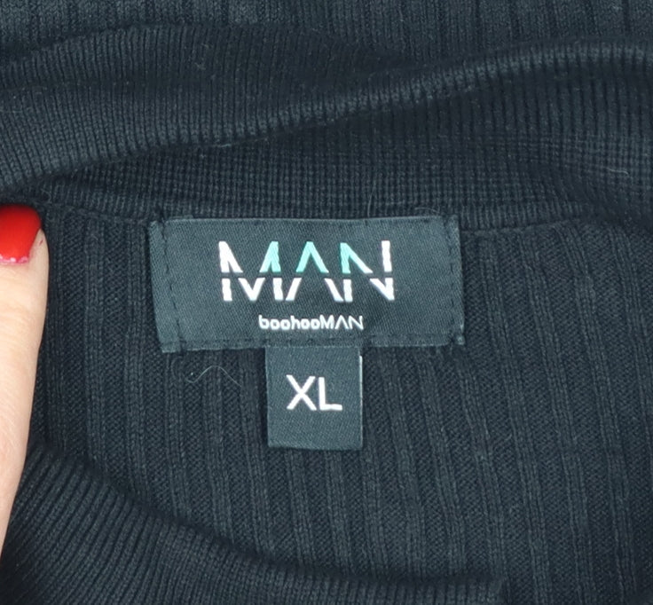 Brand and care label for boohooMAN Men’s Black XL Rib Knit Short Sleeve Polo Shirt