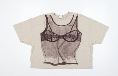 Bershka Women Beige M Cropped Corset Graphic Cotton T-Shirt
