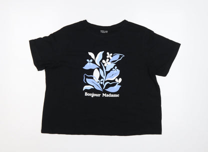 Dunnes Stores Women Black L Floral Bonjour Madame Cotton T-Shirt
