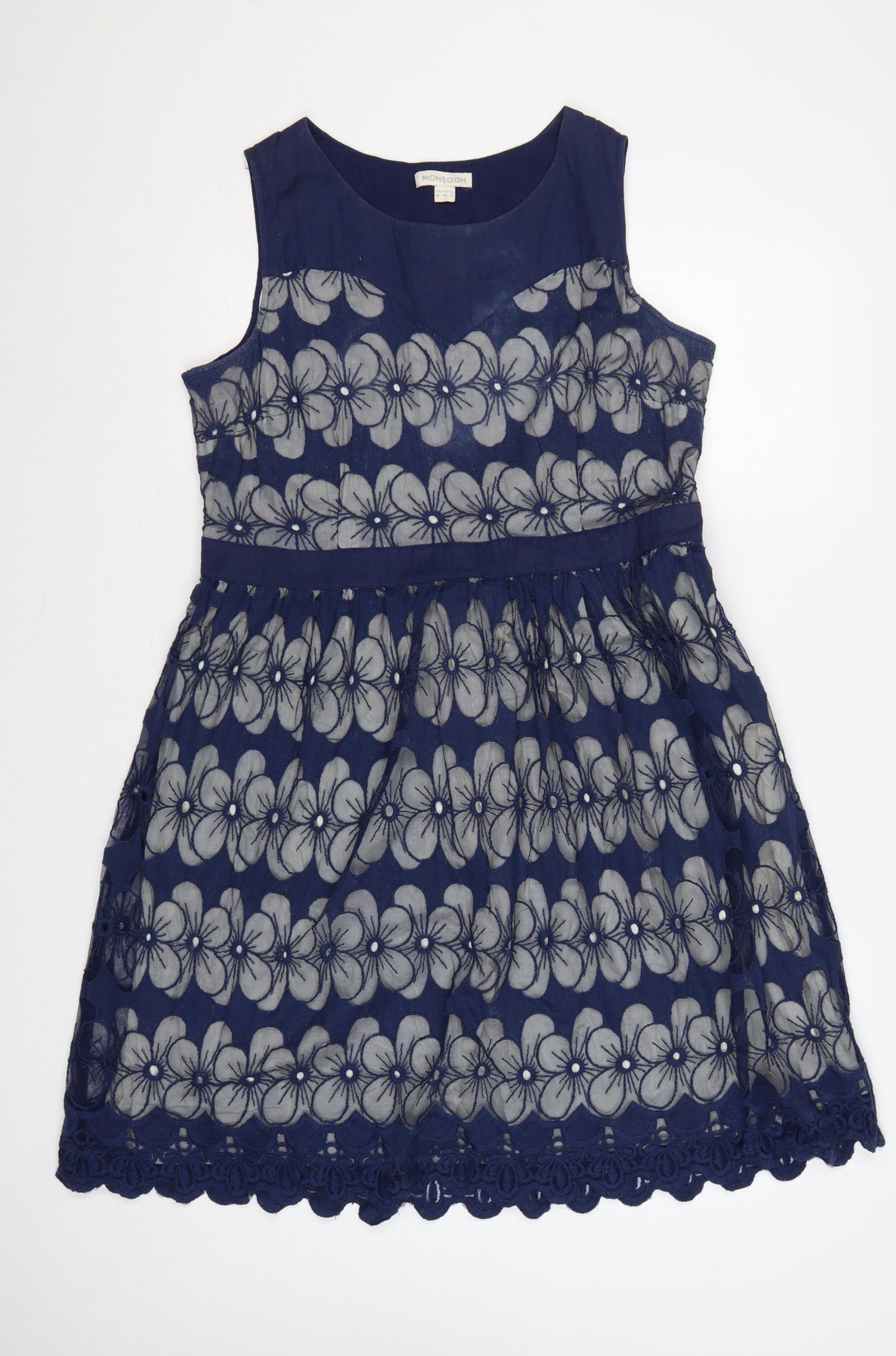 Monsoon Women Blue Floral Lace Fit & Flare Dress UK 18 Sleeveless