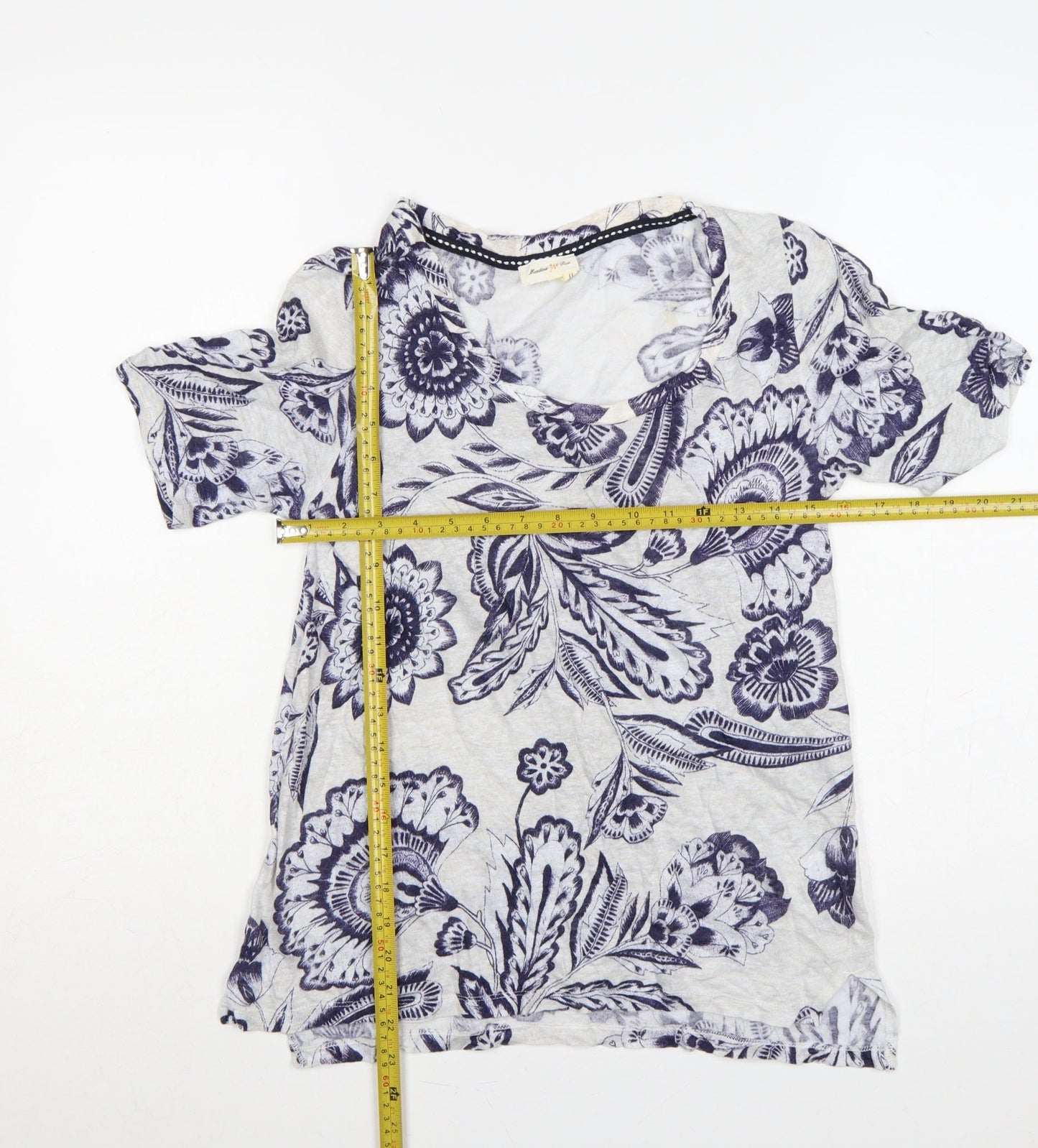 Meadow Rue Women’s Ivory Blue Floral Linen XS Short Sleeve T-Shirt