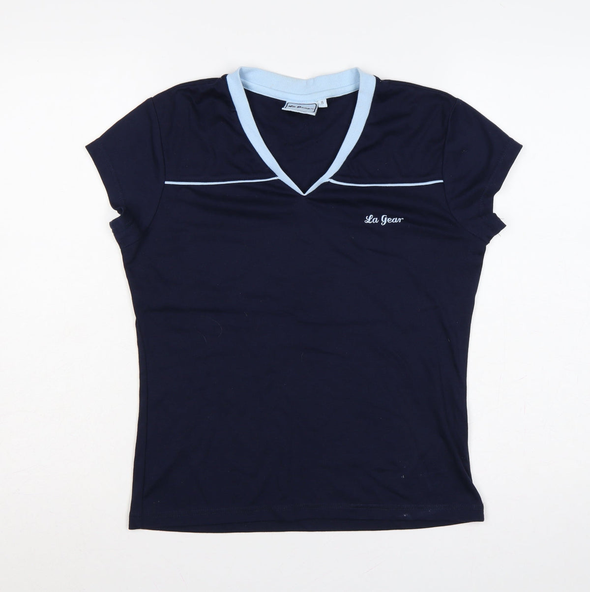 Front view of La Gear Teens Blue UK 16 V-Neck Short Sleeve Basic T-Shirt