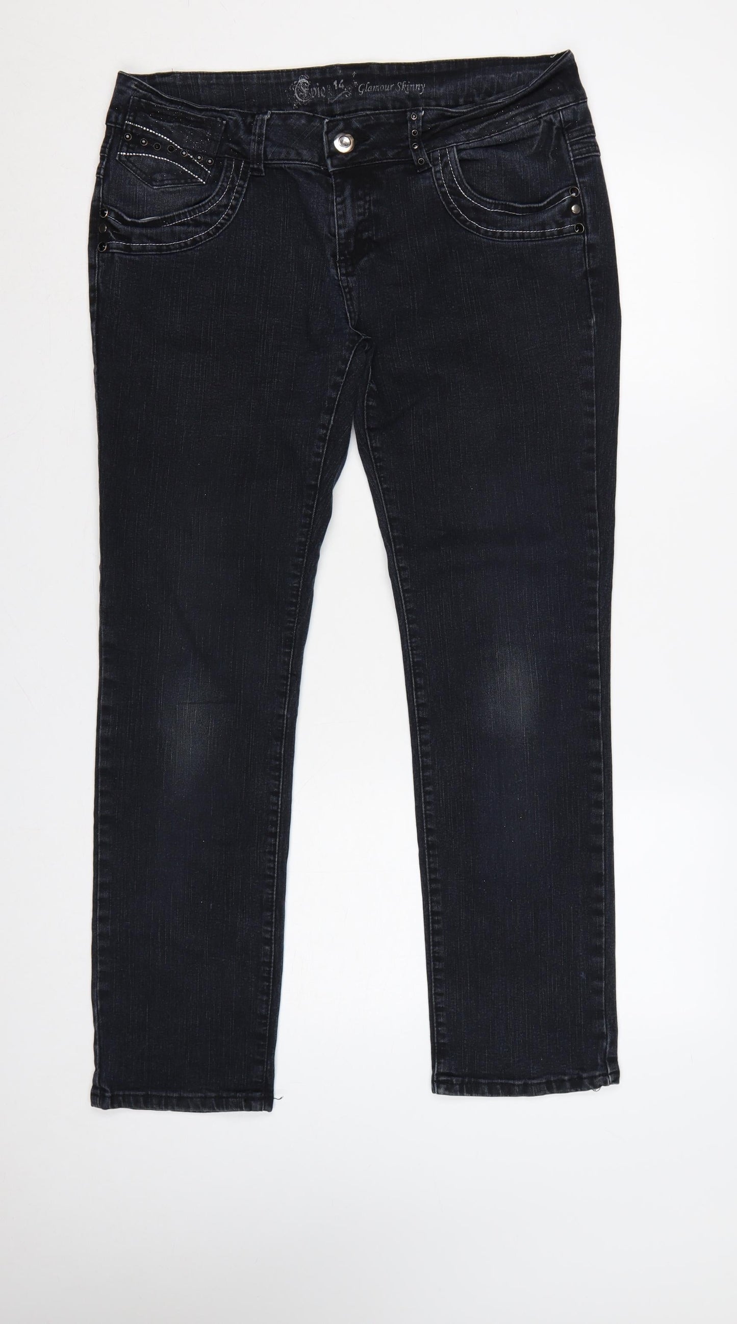 E-vie Women Black UK 14 Glamour Skinny Stretch Studded Jeans