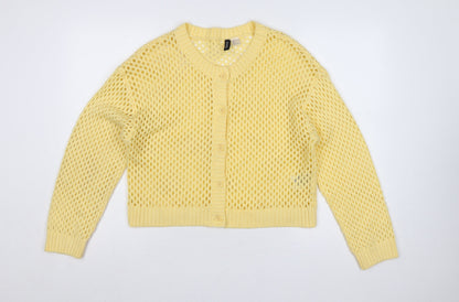 H&M Divided Women Yellow L Open-Knit Button Cardigan Long Sleeve
