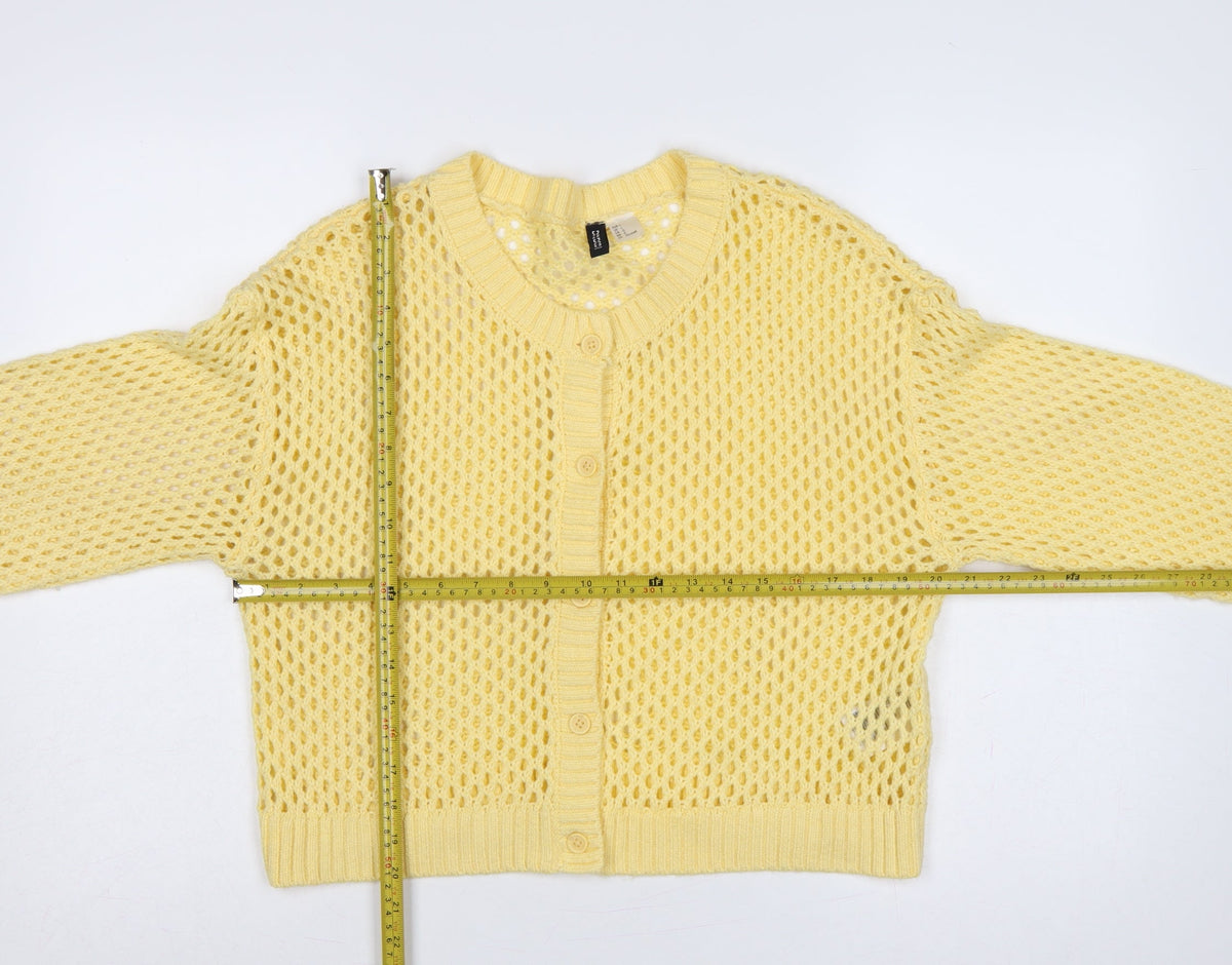 H&M Divided Women Yellow L Open-Knit Button Cardigan Long Sleeve