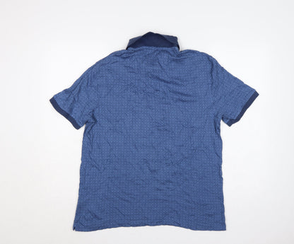 Marks & Spencer Men's Blue L Geometric Print Cotton Short Sleeve Polo