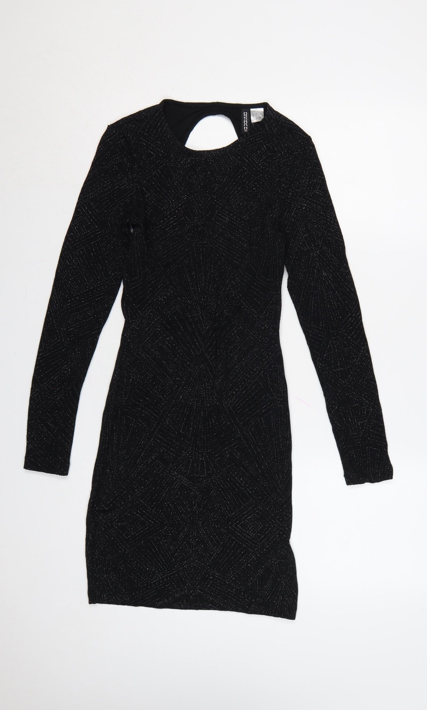 Divided Women Black UK 8 Bodycon Knee Dress Long Sleeve Glitter Cut Out