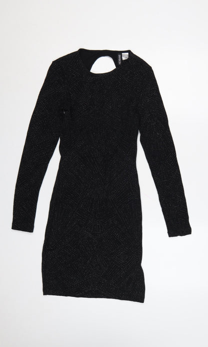 Divided Women Black UK 8 Bodycon Knee Dress Long Sleeve Glitter Cut Out