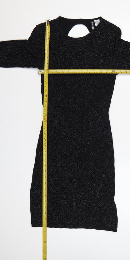Divided Women Black UK 8 Bodycon Knee Dress Long Sleeve Glitter Cut Out