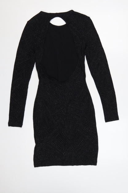 Divided Women Black UK 8 Bodycon Knee Dress Long Sleeve Glitter Cut Out