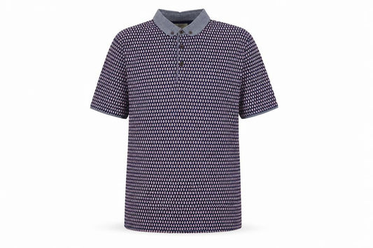Front view of Burton Menswear London Men's Blue Geometric Print Button-Down Polo M