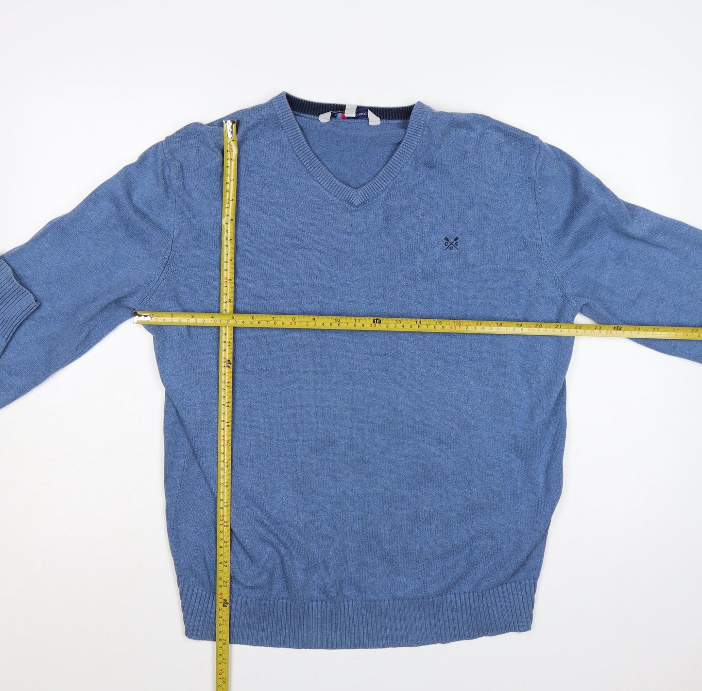 Crew Clothing Co. Men's Blue L V-Neck Cotton Cashmere Logo Pullover Jumper