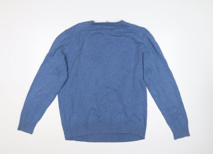 Crew Clothing Co. Men's Blue L V-Neck Cotton Cashmere Logo Pullover Jumper