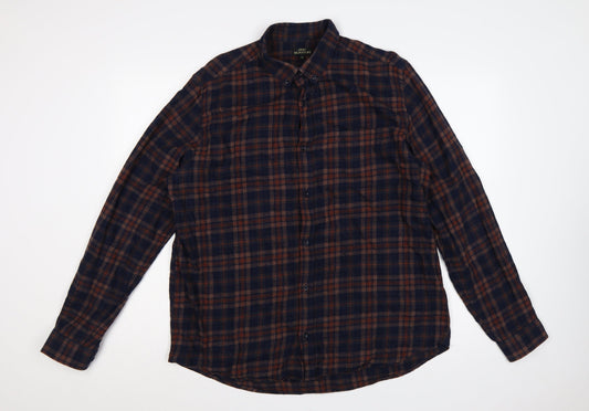 Next Signature Men’s Blue Brown Plaid Cotton Flannel Button-Down Shirt XL