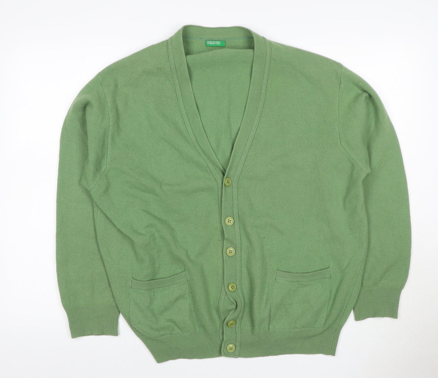 Benetton Women Green L Wool V-Neck Button Cardigan Made in Italy