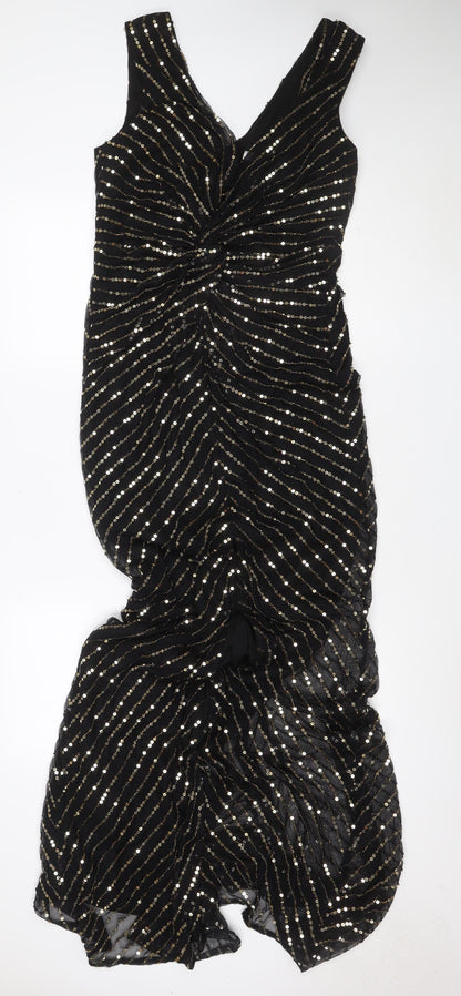 City Goddess Women Black Gold Sequin Long Sleeve Maxi Dress UK 16