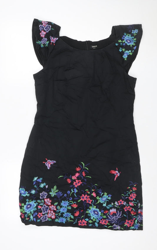 Oasis Women Black UK 14 Midi Sheath Dress Floral Embroidered V-Neck
