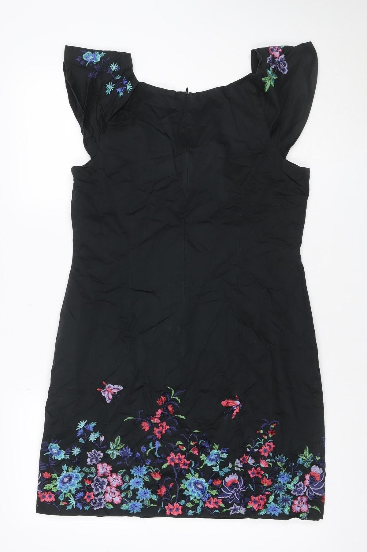 Oasis Women Black UK 14 Midi Sheath Dress Floral Embroidered V-Neck