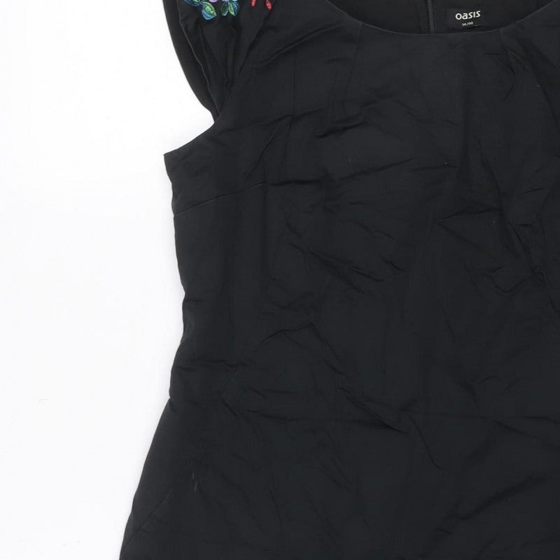 Oasis Women Black UK 14 Midi Sheath Dress Floral Embroidered V-Neck