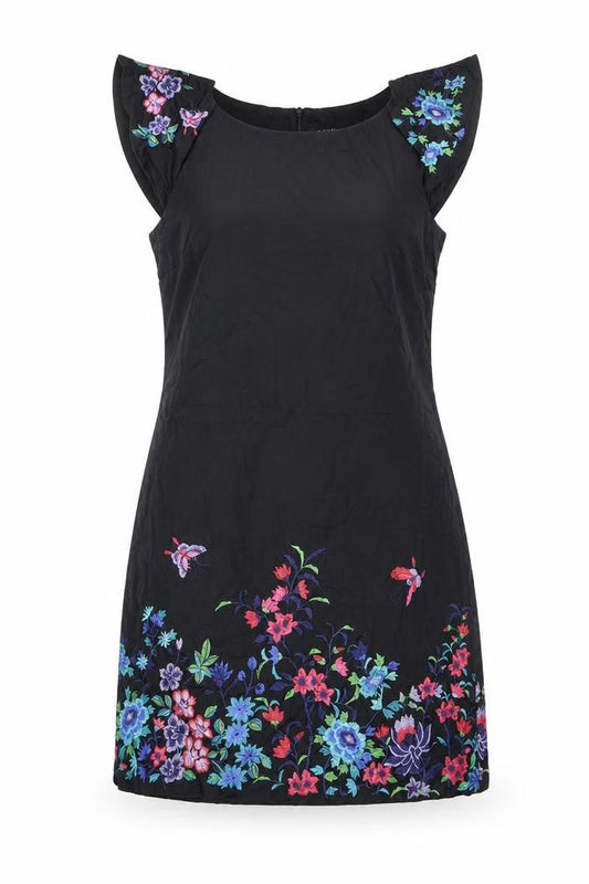 Oasis Women Black UK 14 Midi Sheath Dress Floral Embroidered V-Neck
