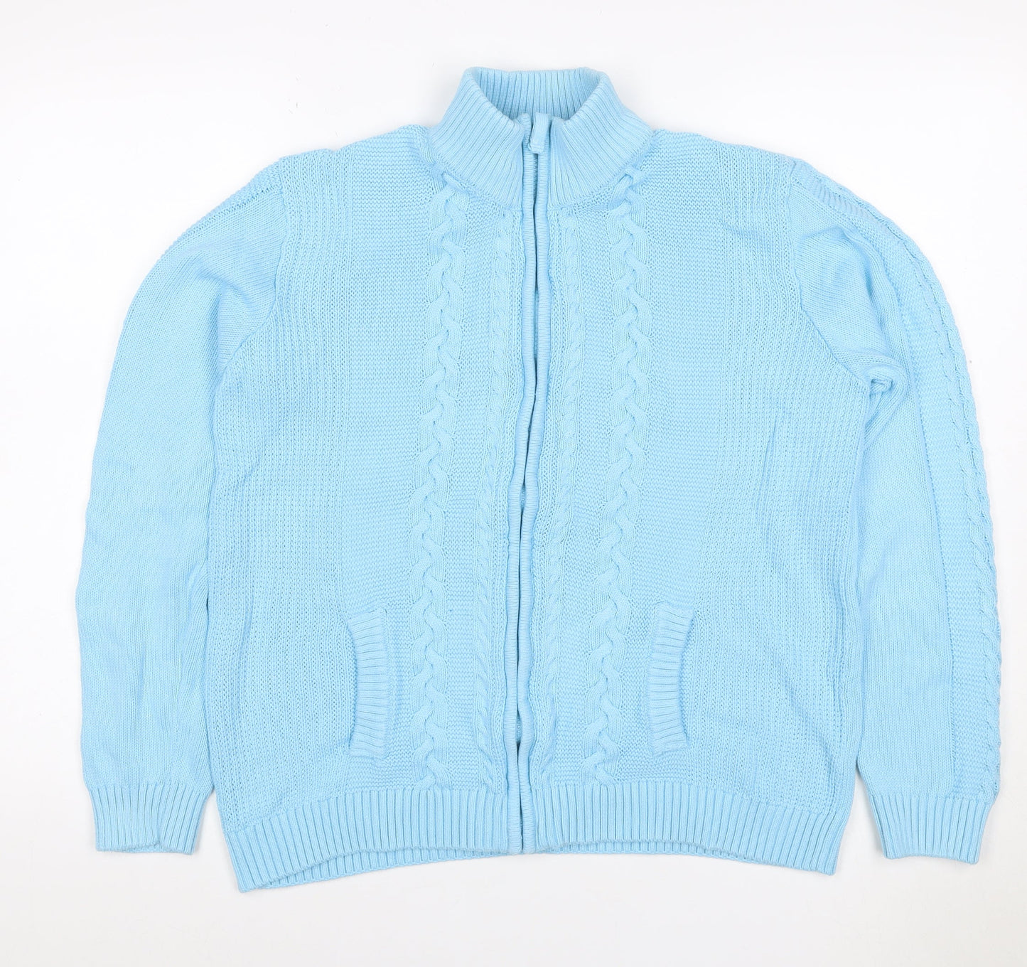 Isle Women Blue L Cable-Knit Full Zip High Neck Cotton Cardigan