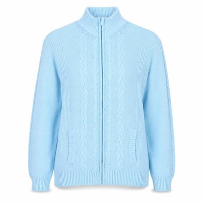 Isle Women Blue L Cable-Knit Full Zip High Neck Cotton Cardigan