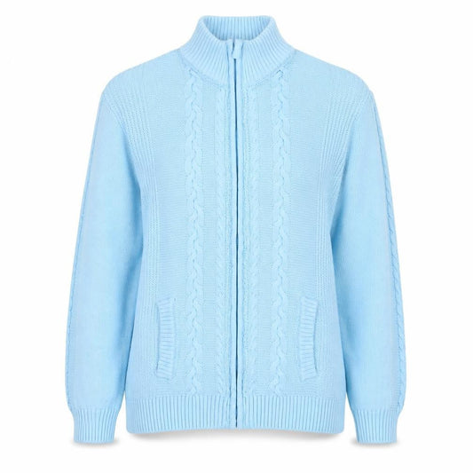 Isle Women Blue L Cable-Knit Full Zip High Neck Cotton Cardigan