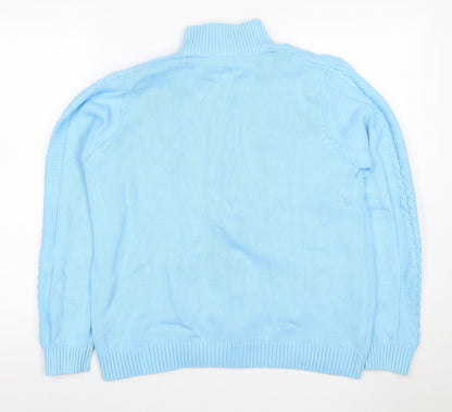 Isle Women Blue L Cable-Knit Full Zip High Neck Cotton Cardigan
