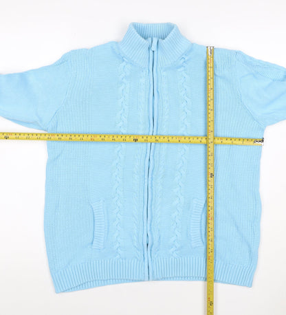 Isle Women Blue L Cable-Knit Full Zip High Neck Cotton Cardigan