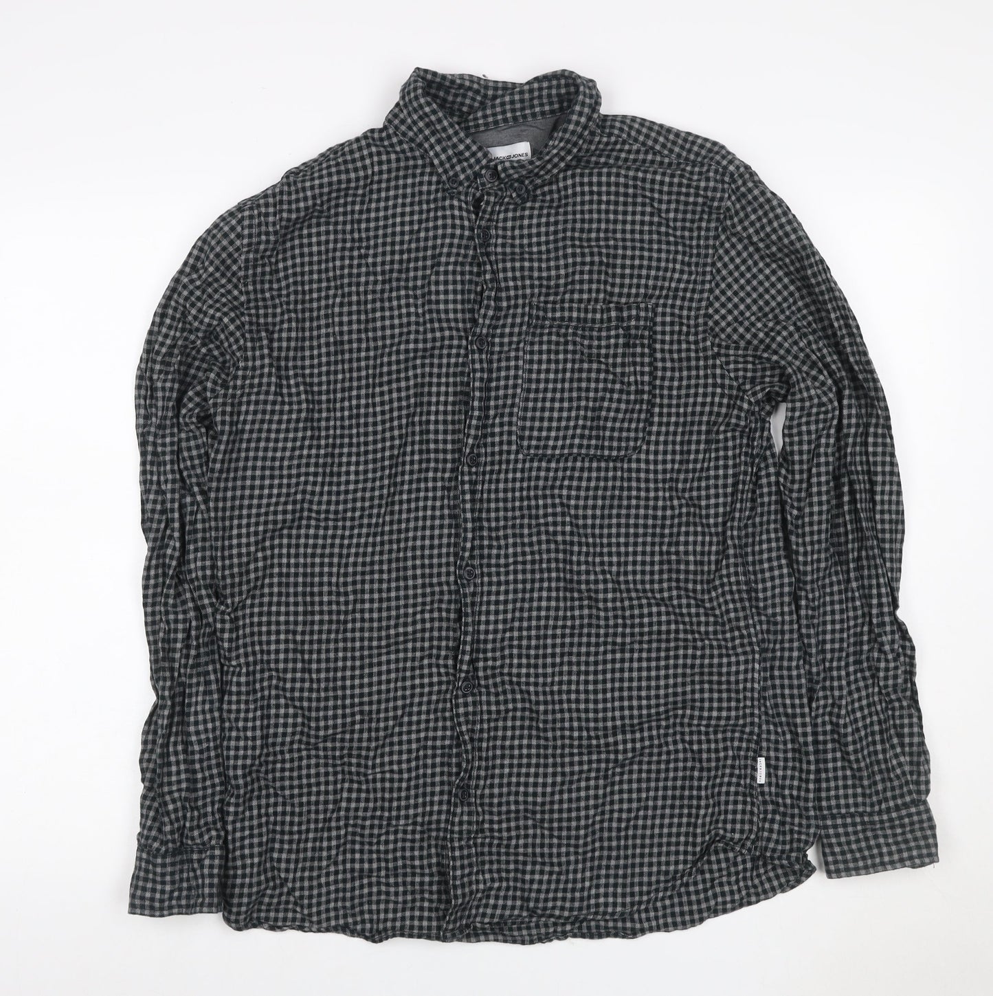 Jack & Jones Men's Black Grey Check Hooded Shirt Size L Long Sleeve