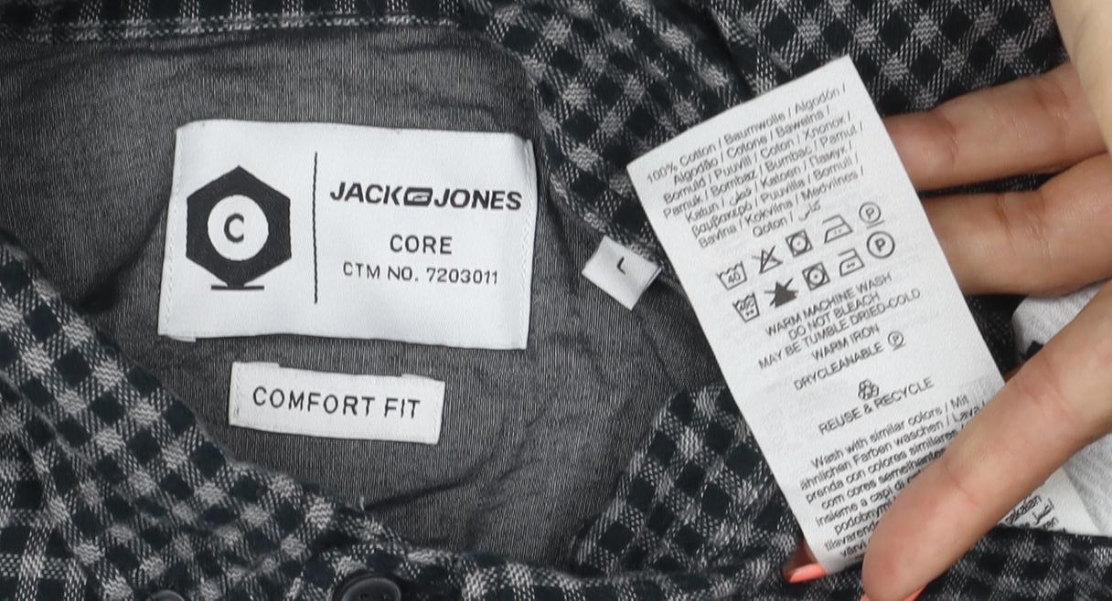 Jack & Jones Men's Black Grey Check Hooded Shirt Size L Long Sleeve