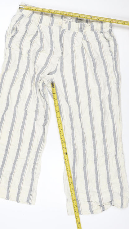 Next Petite Women Ivory Grey Striped Linen Trousers UK 16