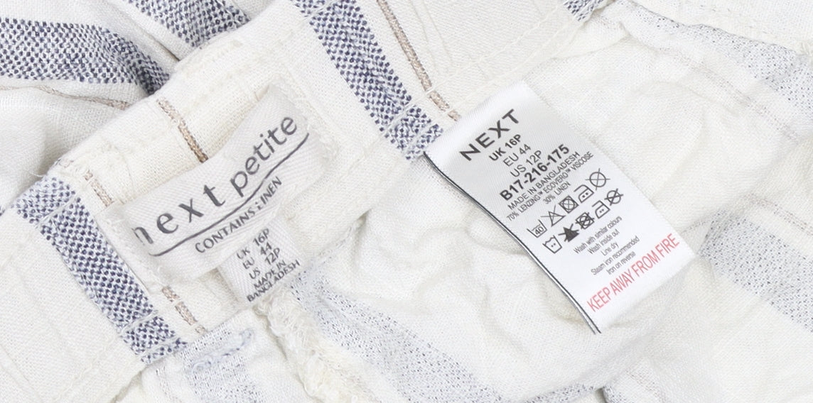 Next Petite Women Ivory Grey Striped Linen Trousers UK 16