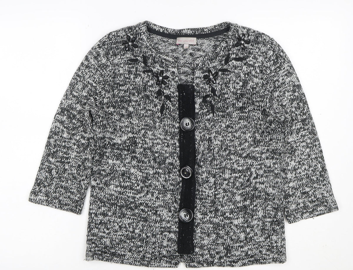 Per Una Women's Black Grey M Floral Embellished Button Knit Cardigan