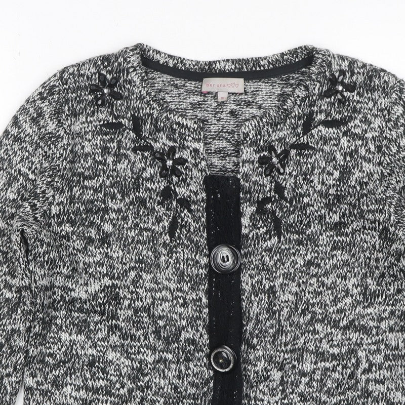 Per Una Women's Black Grey M Floral Embellished Button Knit Cardigan