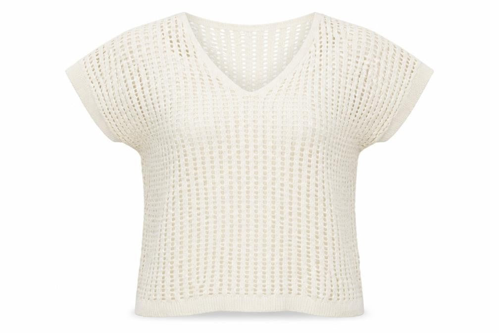 Yours Women Ivory UK 18-20 Crochet Knit V-Neck Cap Sleeve Top