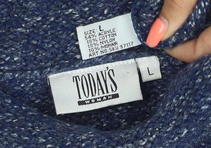 Today's Women Blue L Cowl Neck Long Sleeve Chunky Knit Jumper