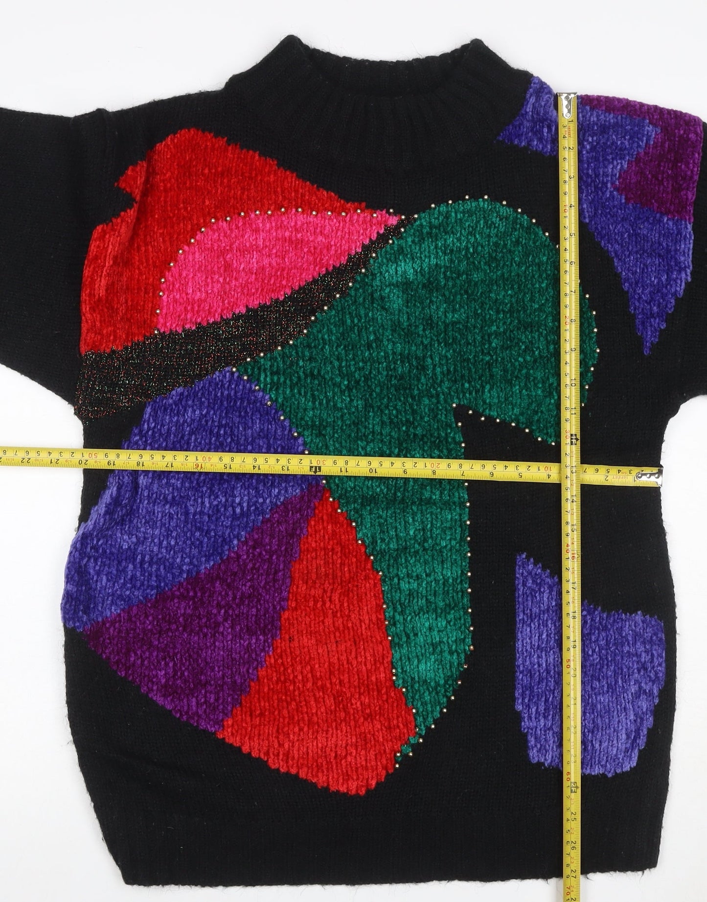 St Michael Women’s Black M 80s Geometric Beaded Chunky Knit Jumper