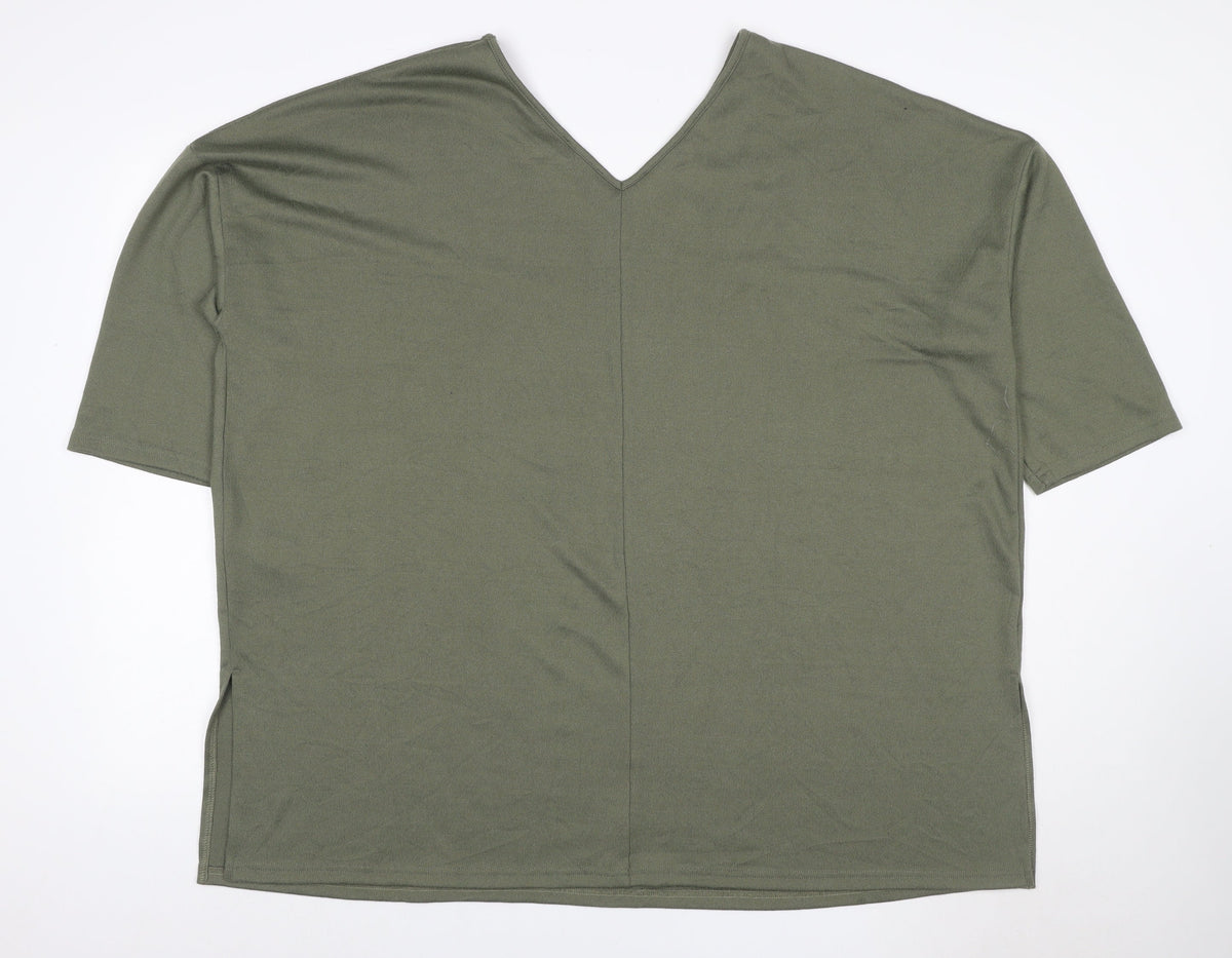 New Look Curves Women Green UK 24 V-Neck Jersey T-Shirt Short Sleeve