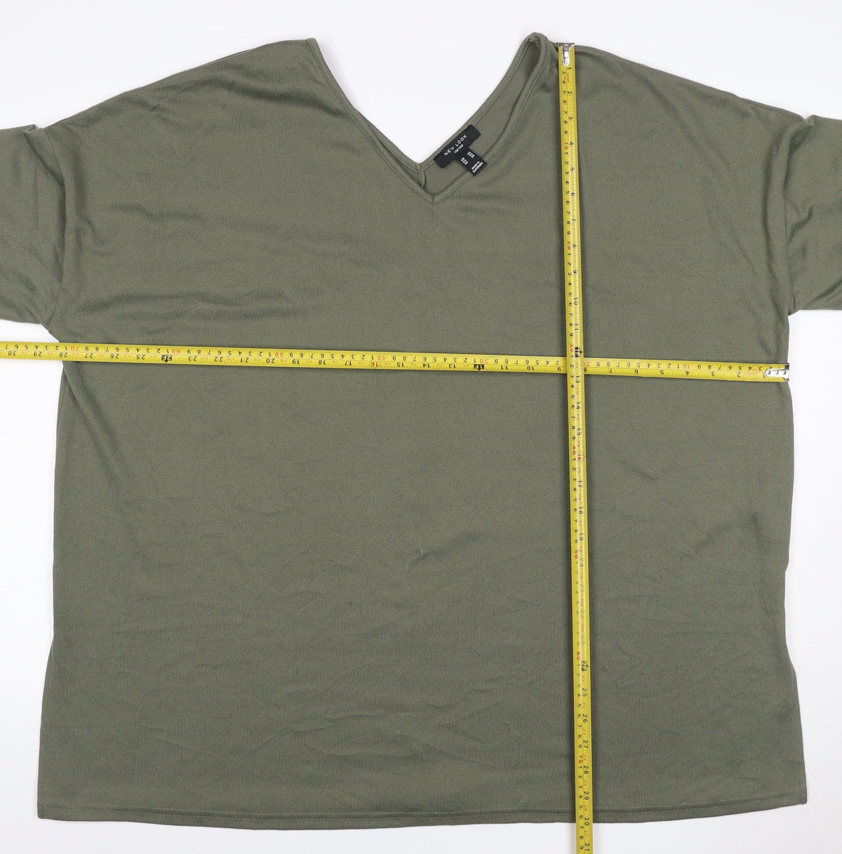 New Look Curves Women Green UK 24 V-Neck Jersey T-Shirt Short Sleeve