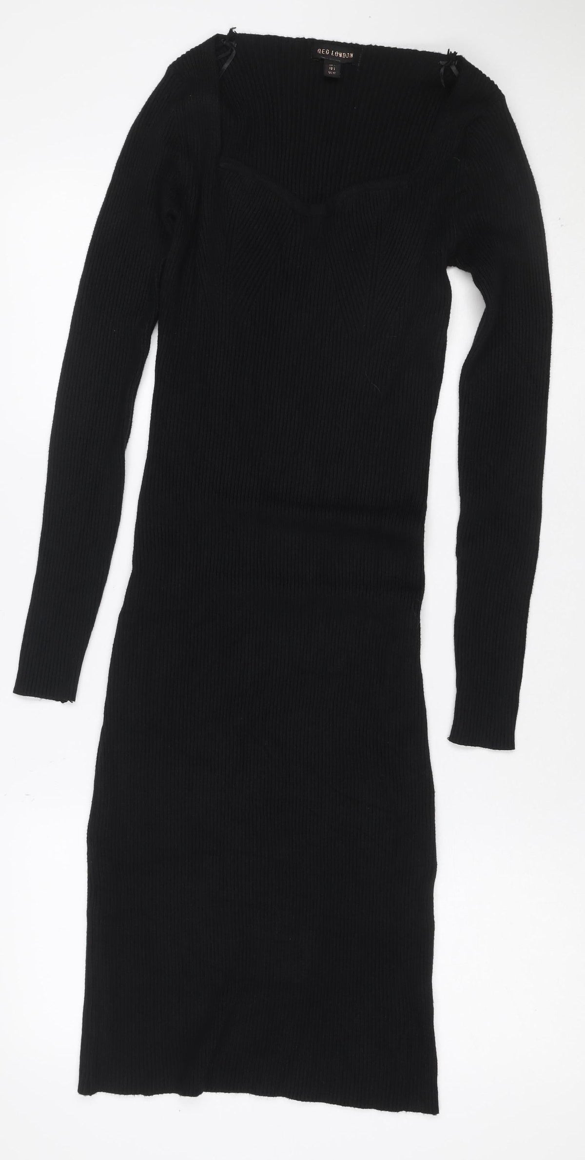 QED London Women Black L Ribbed Knit V-Neck Midi Jumper Dress